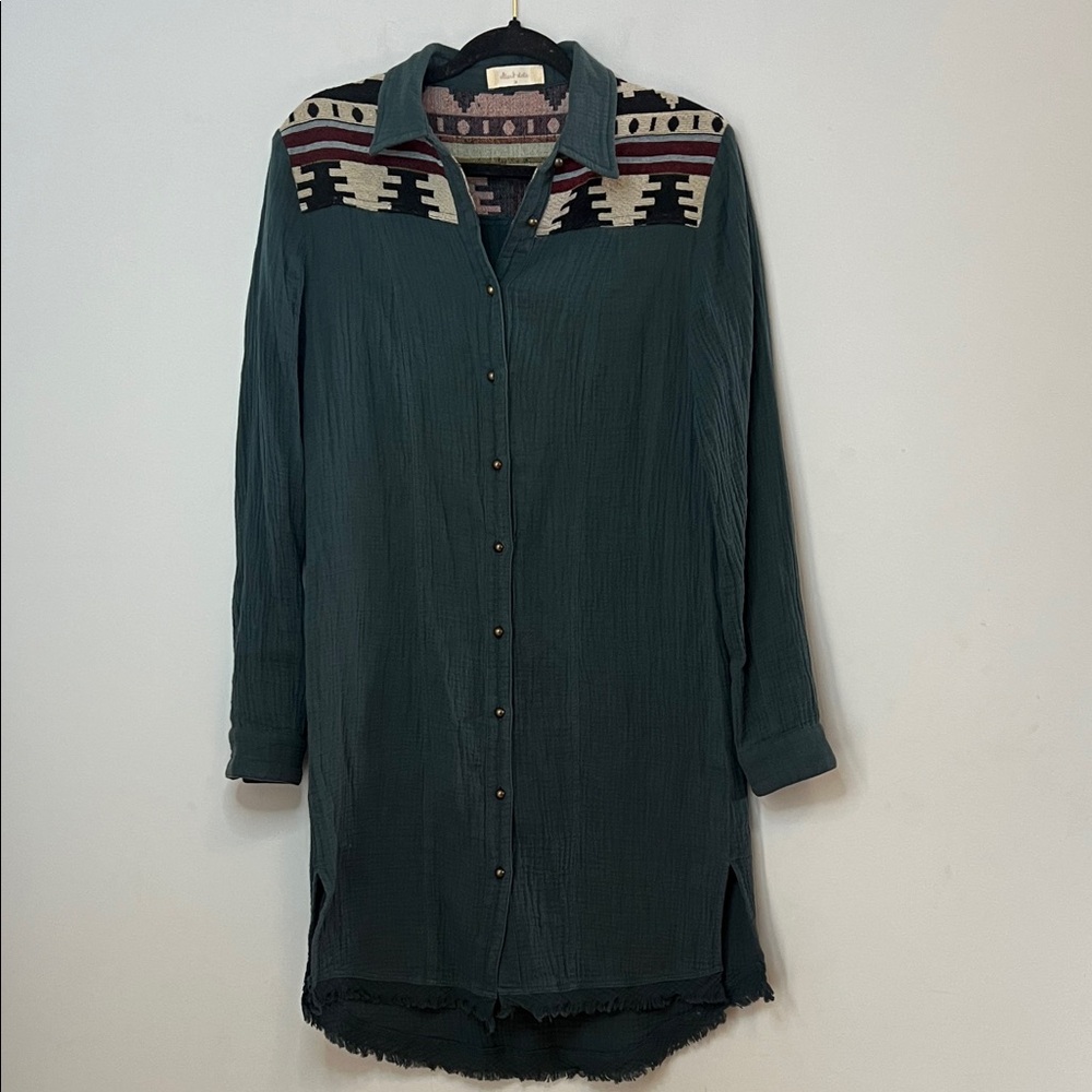 Altar'd State Women's Dark Green Long Sleeve Button Dress with Tribal Accents